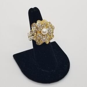 gold tone rhinestone faux pearl rhinestone stretch cocktail ring
